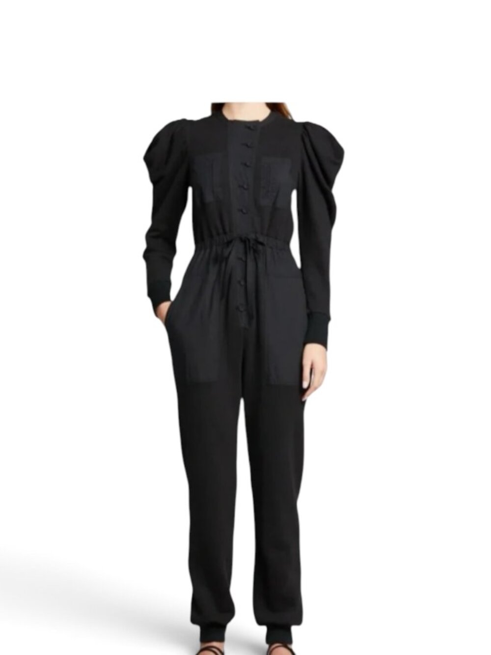 Ulla Johnson Sadie Noir Black Puff Sleeve Cotton Utility Jumpsuit Size P XS